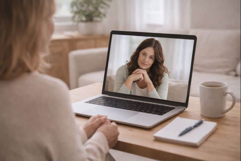 Frau bei virtueller Beratung, bequem zuhause, professionelle psychologische Unterstützung.